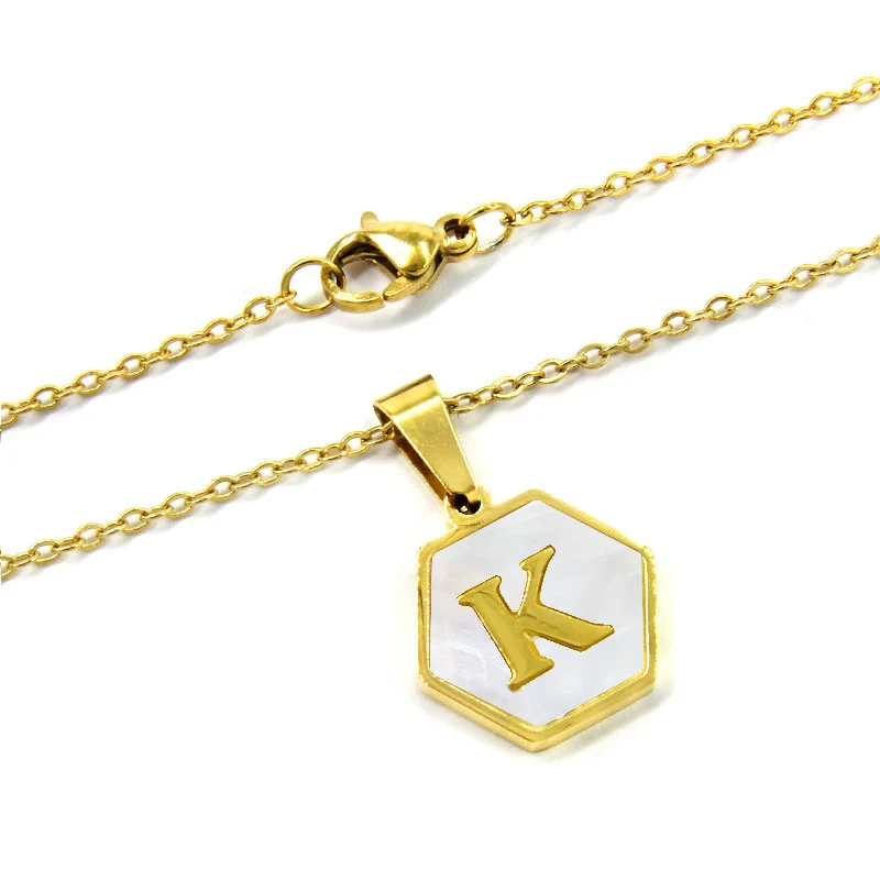 Collar Acero Inox Dorado Hexagonal Letra K Madre Perla