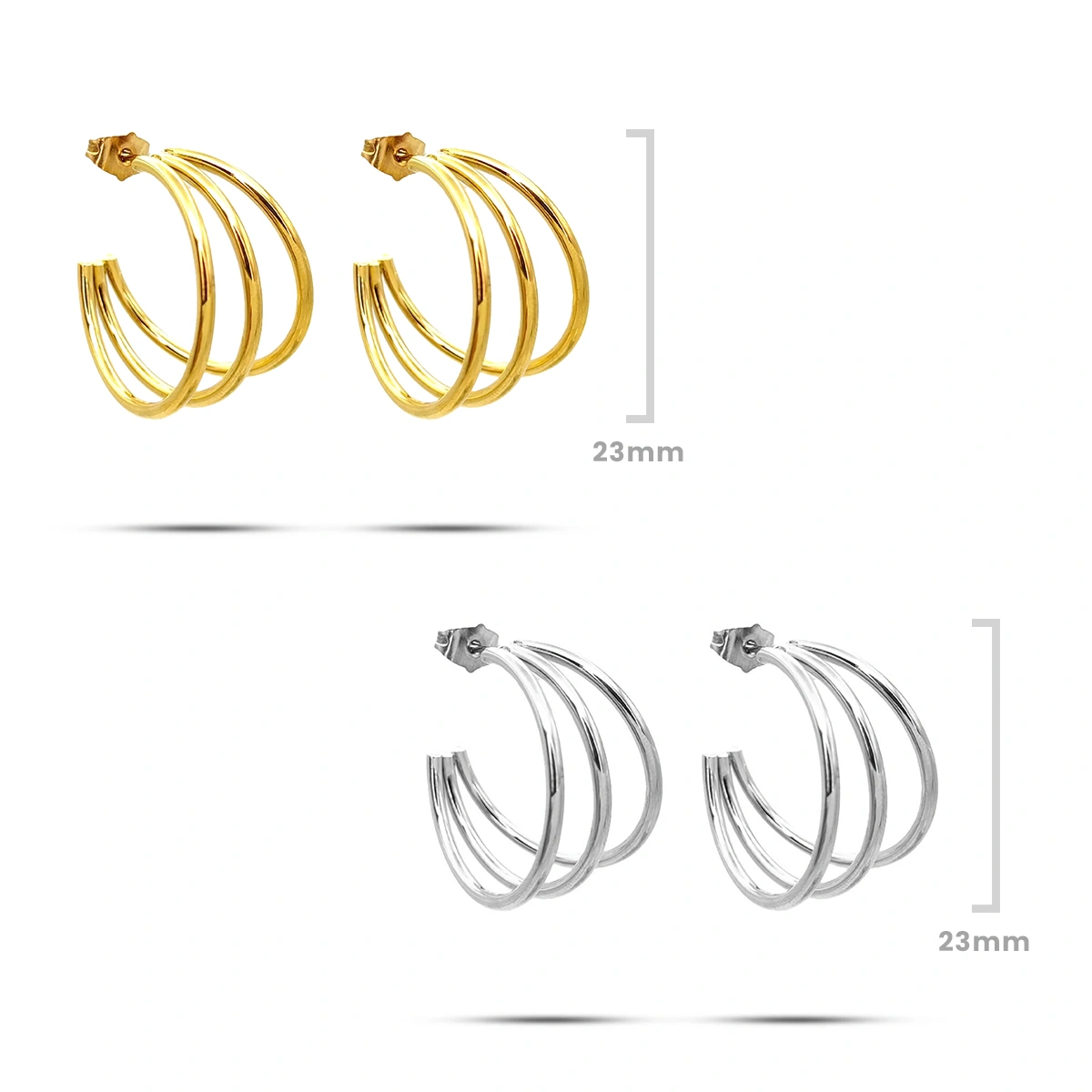 Aretes Acero Inox Dorado Media Arracada Triple 23 mm