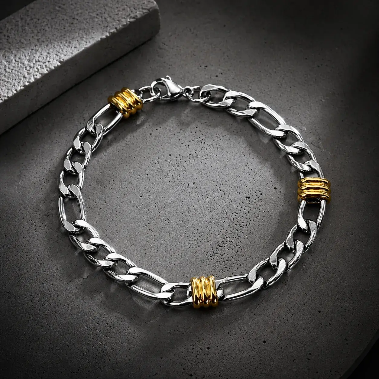Pulsera Acero Inox Bicolor Esclava 3x1 Remaches Moderna
