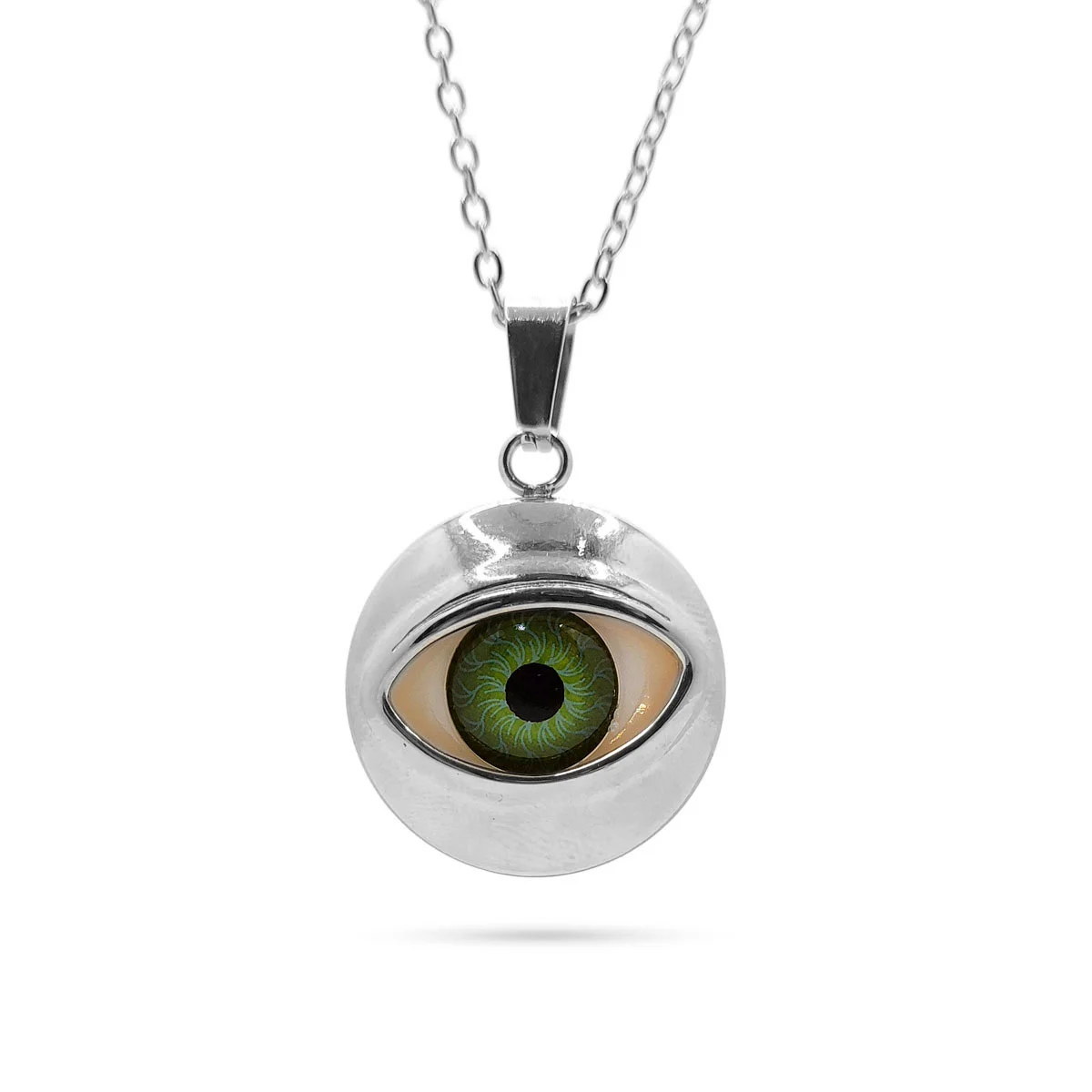 Collar Acero Inox Plateado Ojo Realista Verde 20 mm