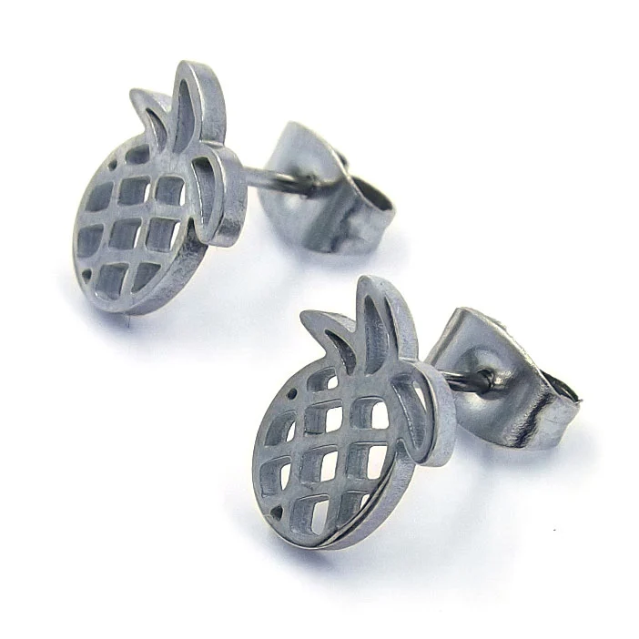 Aretes Acero Plateado Tipo Broquel Piña Tropical