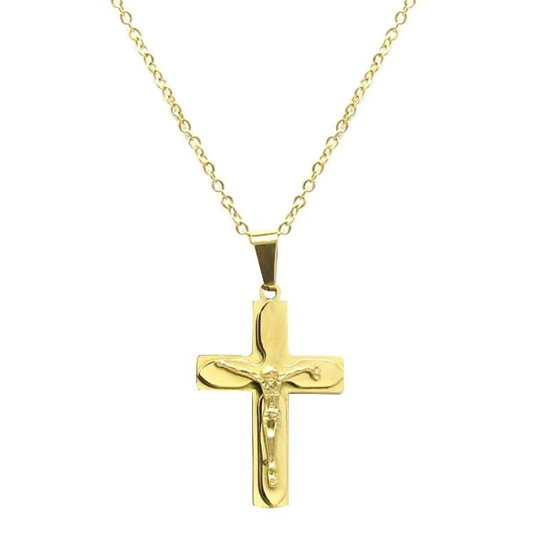 Collar Acero Inoxidable Dorado Cruz Doble Jesús Cristo