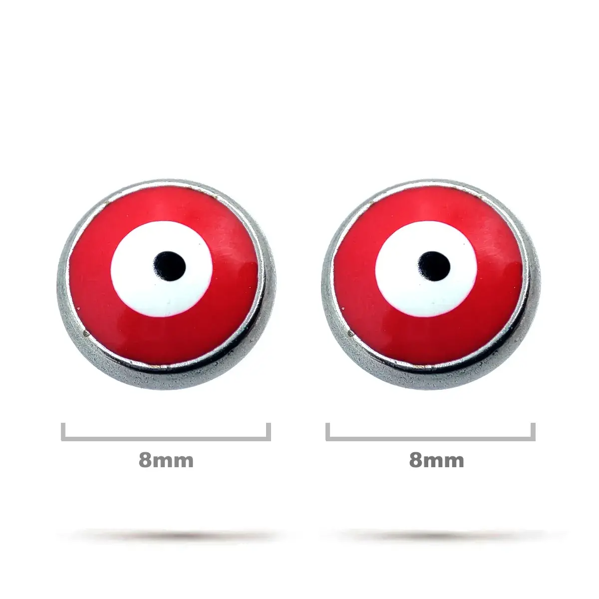 Aretes Acero Plateado Broquel Ojo Turco Nazar Rojo 8mm