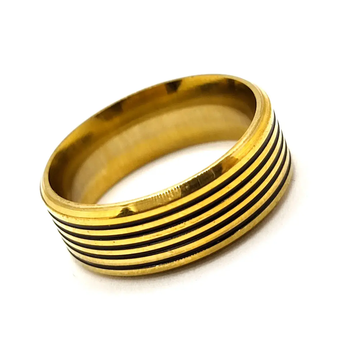 Anillo Acero Inox Dorado Líneas Esmalte Negro Moderno