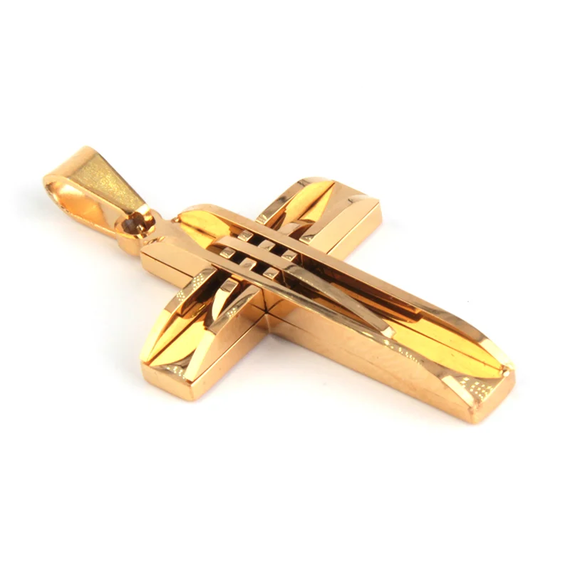 Dije Acero Inox Dorado Cruz Latina Triple Línea Golden