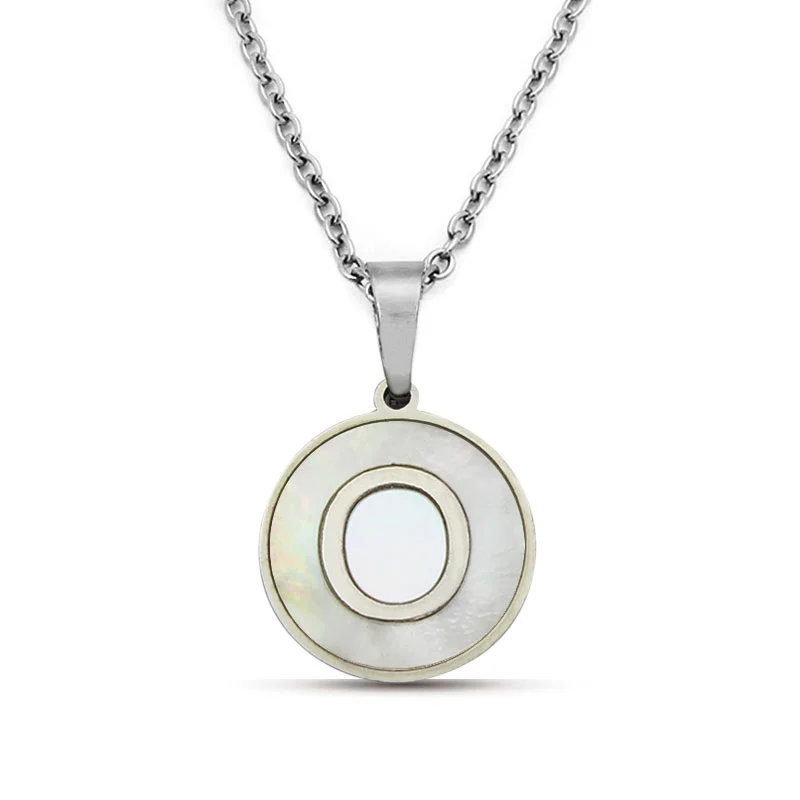 Collar Acero Plateado Circular Letra O Madre Perla