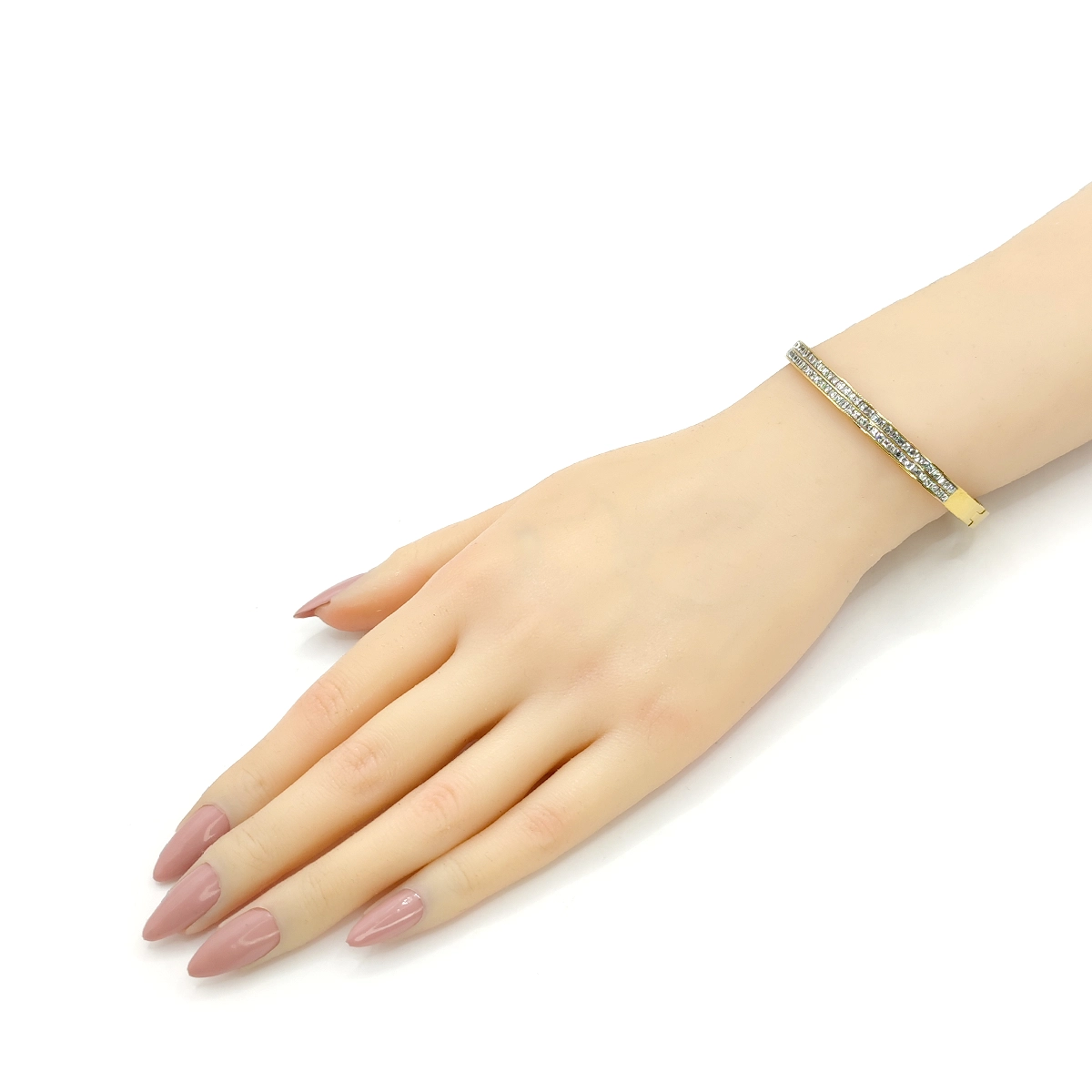 Pulsera Acero Dorado Doble Fila de Cristales Cuadrados