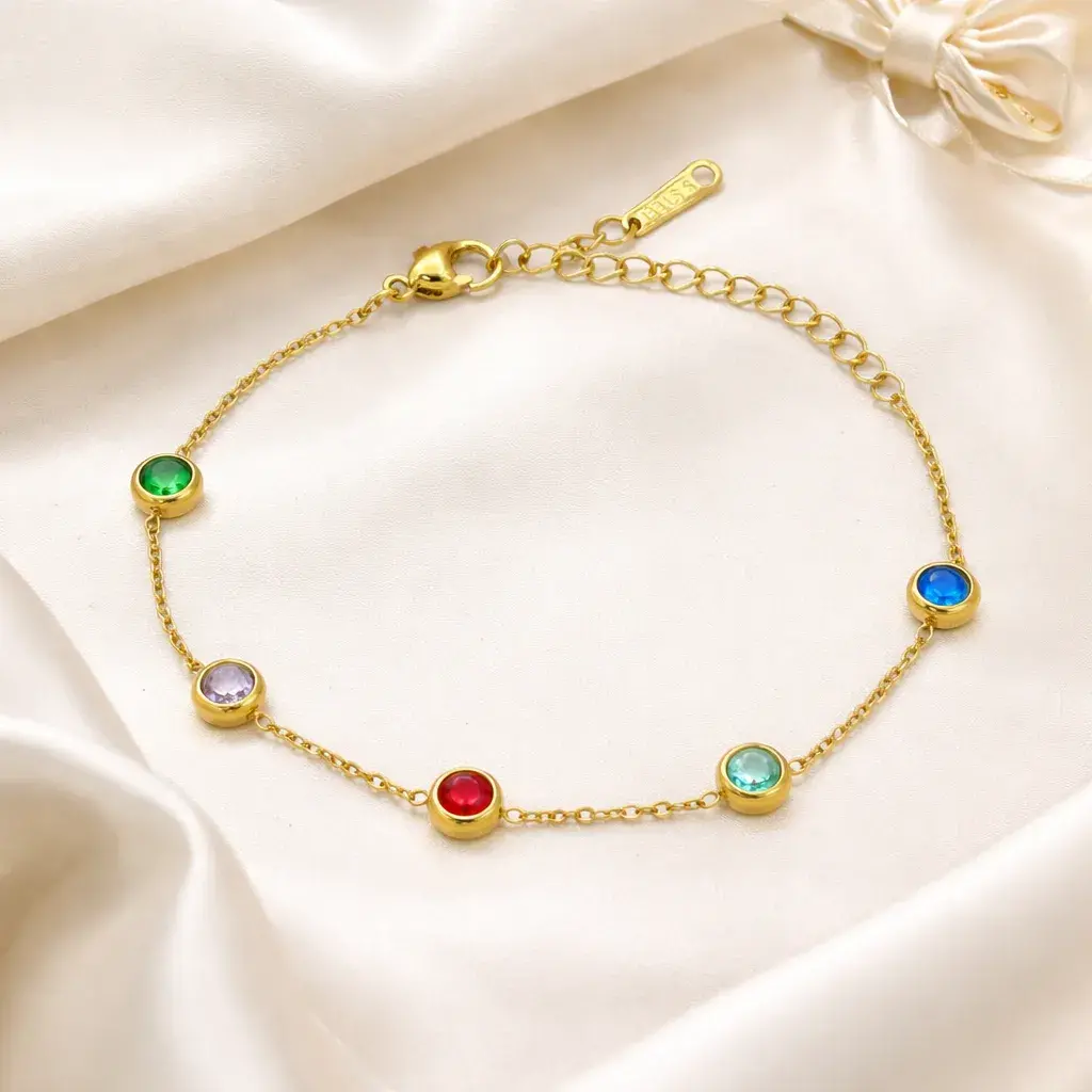 Pulsera Acero Dorado Circulos Zirconia Multicolor Delgada