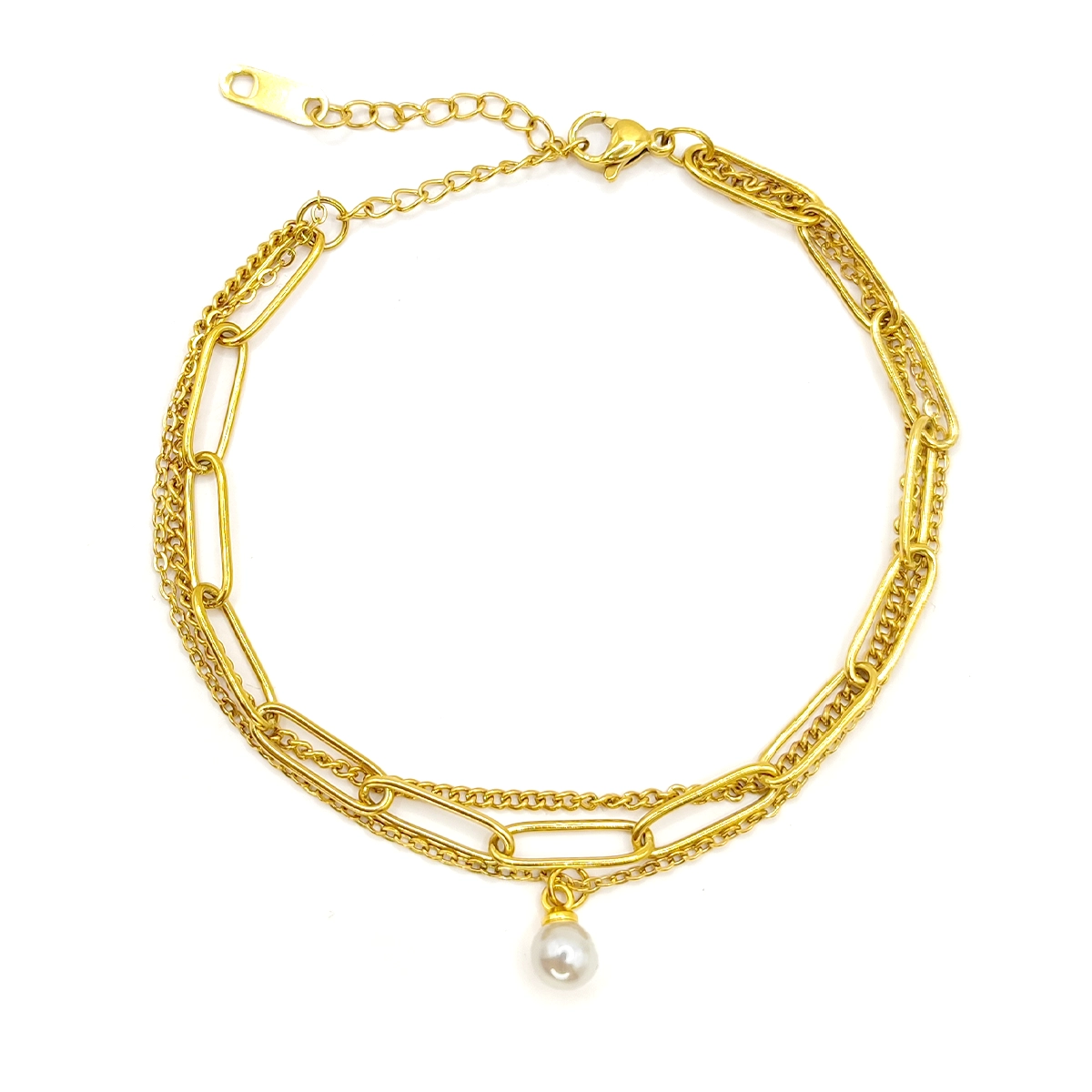 Pulsera Acero Dorado Triple Cadena Perla Pequeña