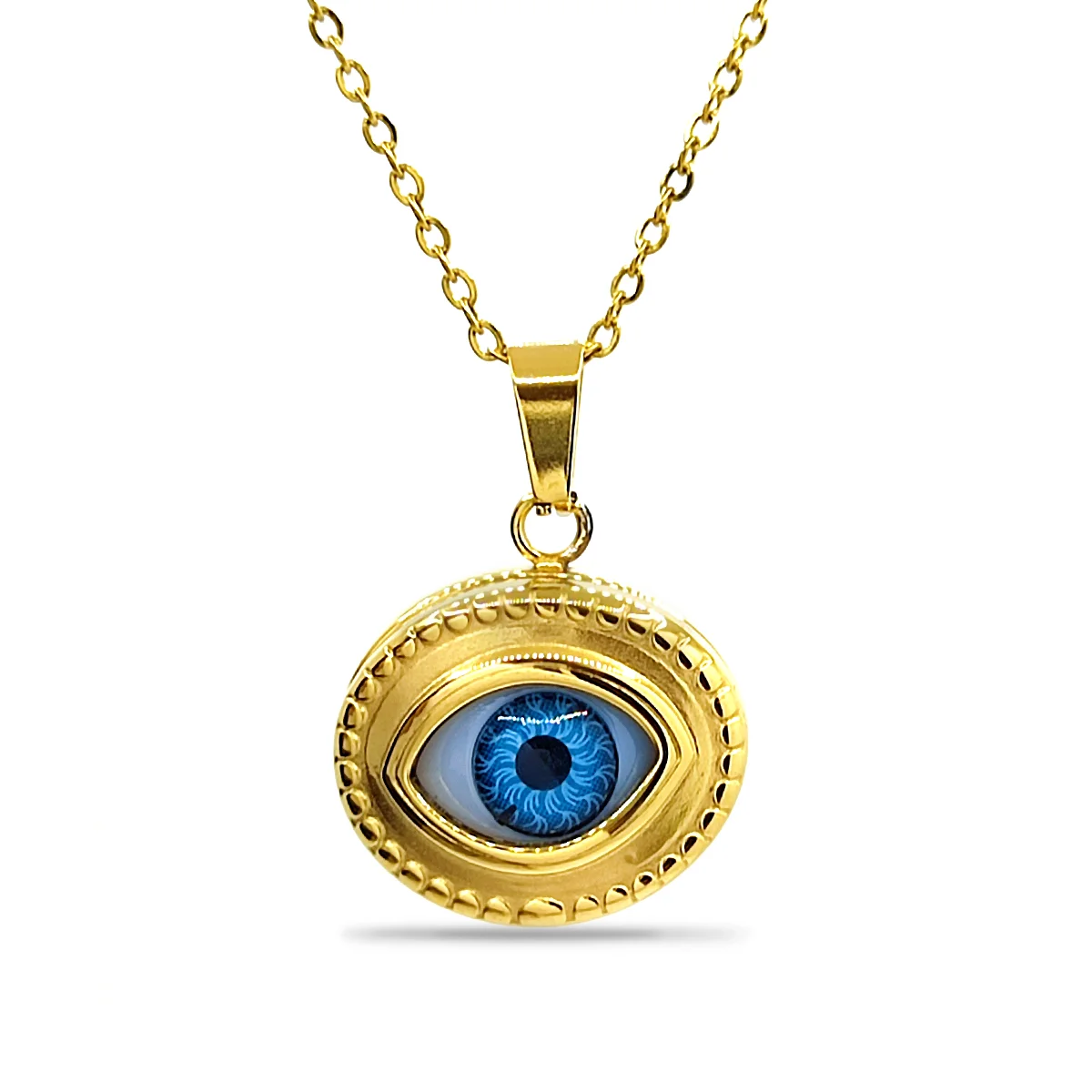 Collar Acero Relicario Oval Ojo Realista Azul Cierre Imán