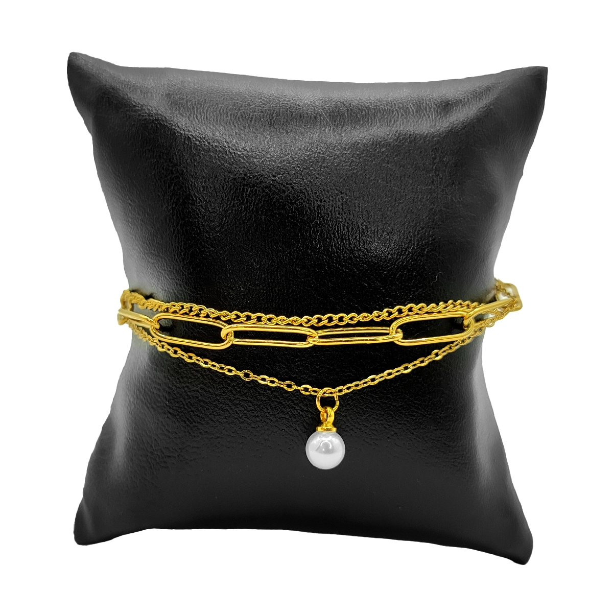 Pulsera Acero Dorado Triple Cadena Perla Pequeña