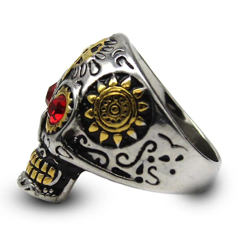 Anillo Acero Inox Calavera Plata Dorada Cruz Ojos Rojos