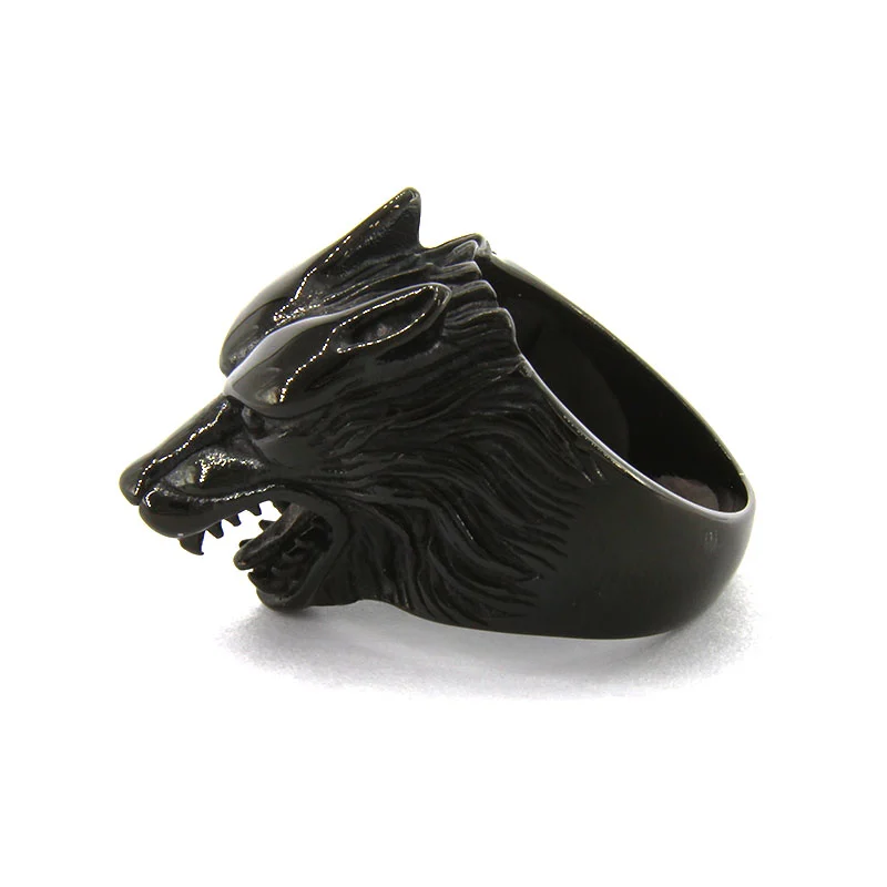 Anillo Acero Inox Negro Hombre Cabeza Lobo Nocturno