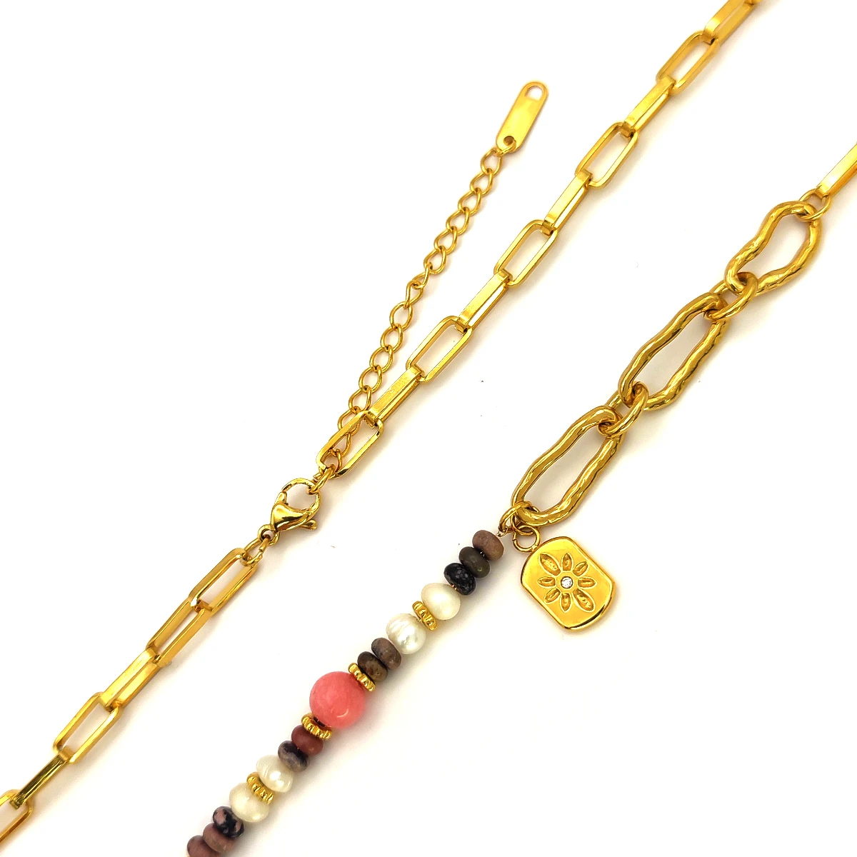 Collar Acero Dorado Cuentas Multicolor Perla Flor Cristal