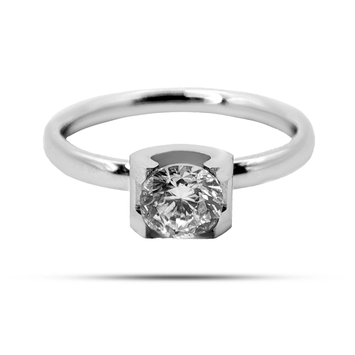 Anillo Acero Plateado Delgado Zirconia Solitaria Compromiso