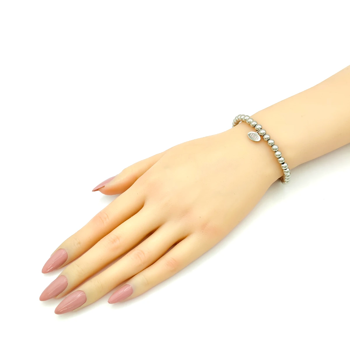 Pulsera Acero Plateado Balines 6 mm Tag Oval 11:11 Rosa