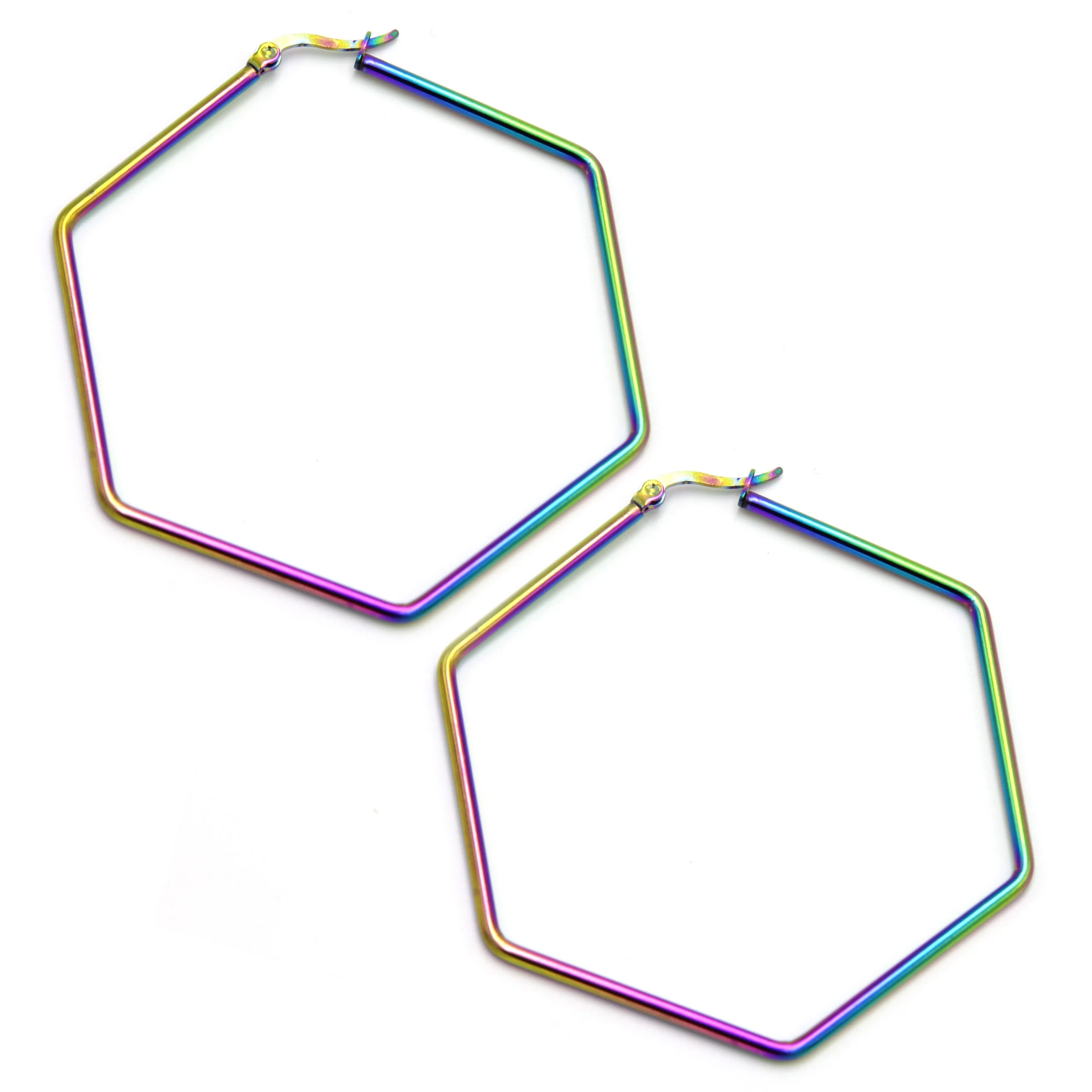Aretes Acero Ionizado Arracada Hexagono Unicorn Arcoiris