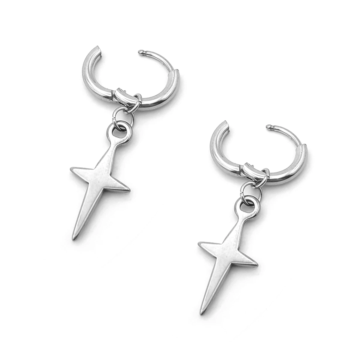 Aretes Acero Plateado Huggies Colgante Ninja Shuriken