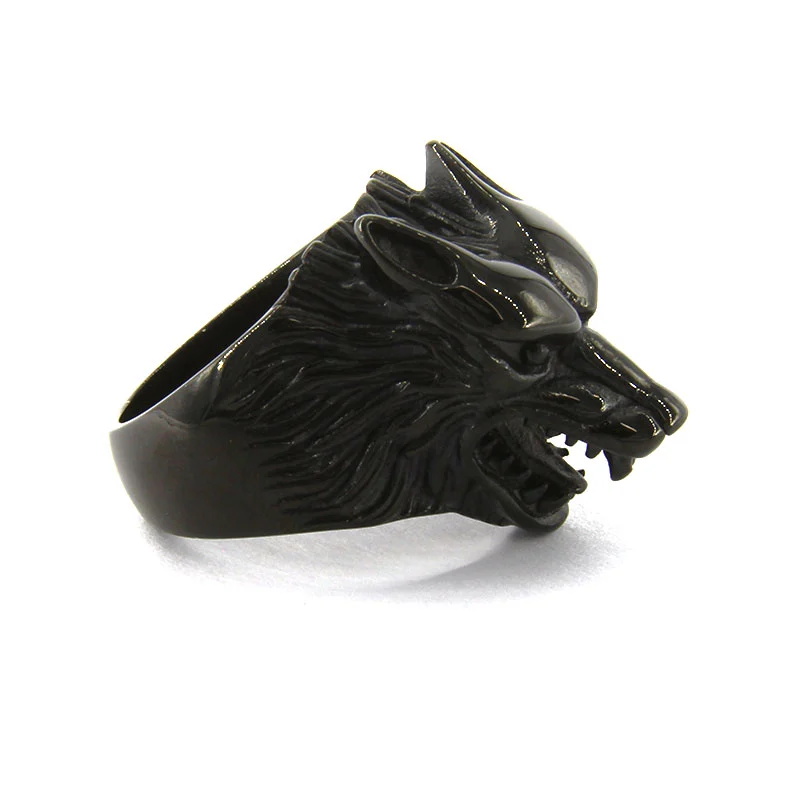 Anillo Acero Inox Negro Hombre Cabeza Lobo Nocturno