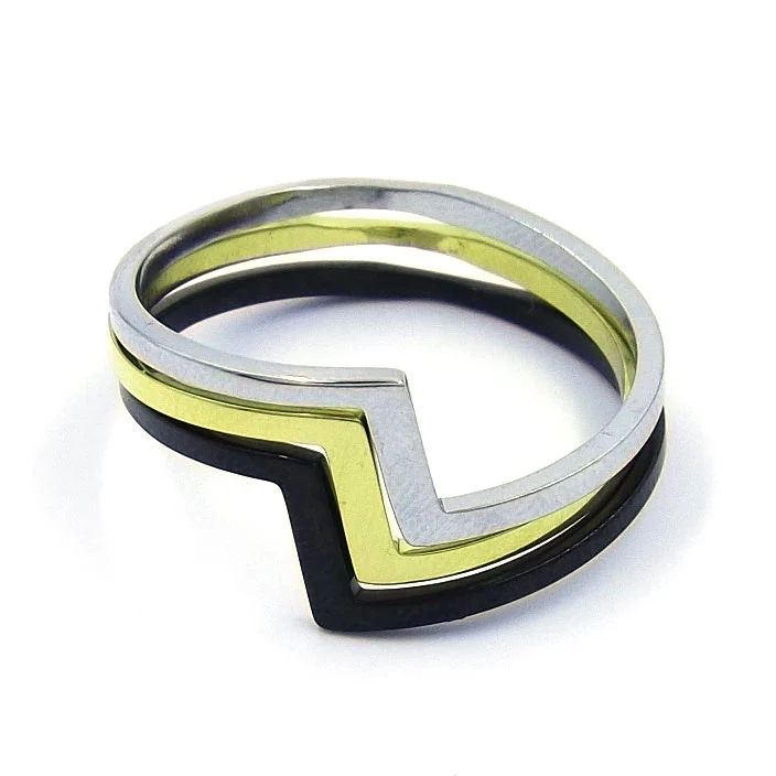Anillo Triple Acero Dorado Negro Plateado Zig Zag
