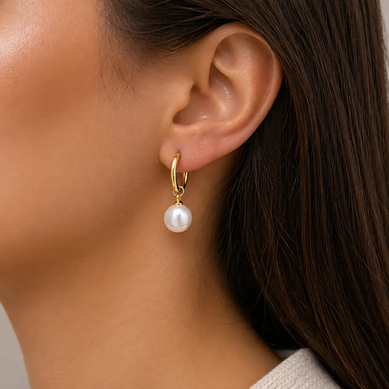 Aretes  Acero  Dorado Arracada Huggies Perla Colgante