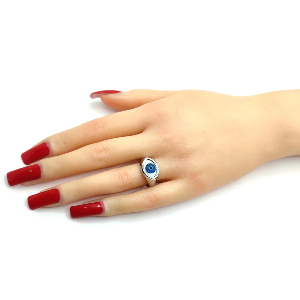 Anillo Acero Inox Plateado Ojo Realista Azul Grabado