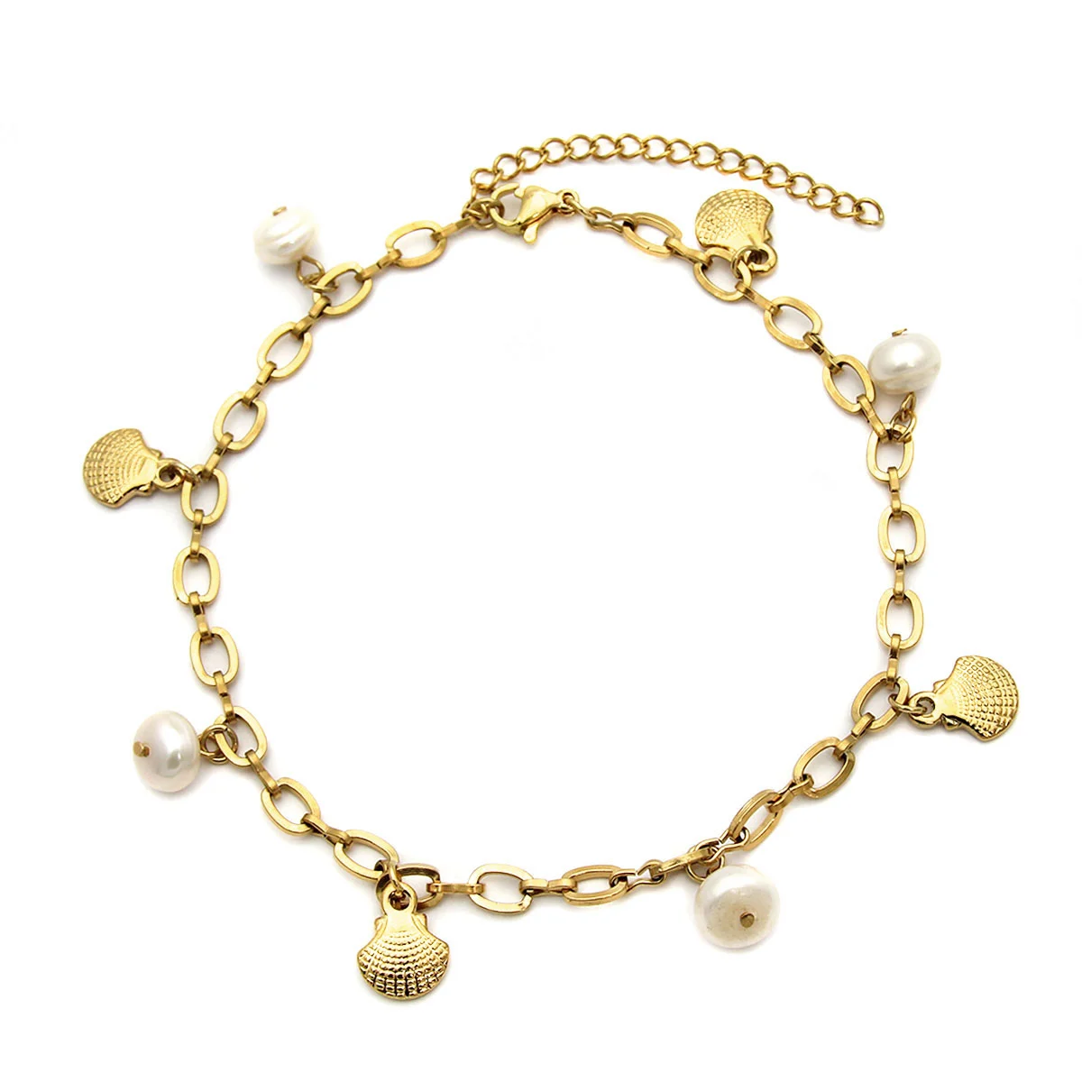 Tobillera Acero Inoxidable Dorado Perlas Rio Conchas