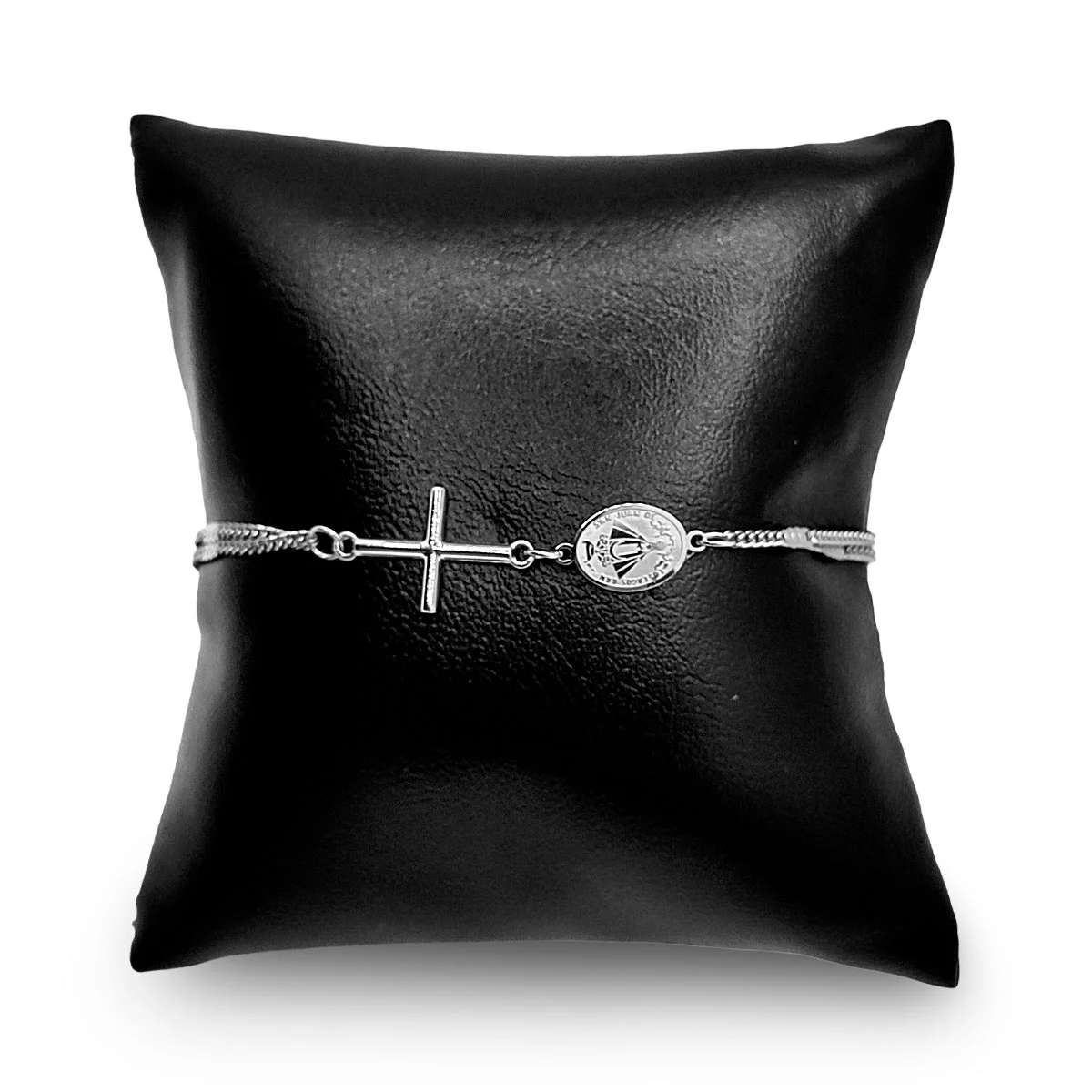 Pulsera Acero Inox Plateado Cruz Virgen San Juan Religion