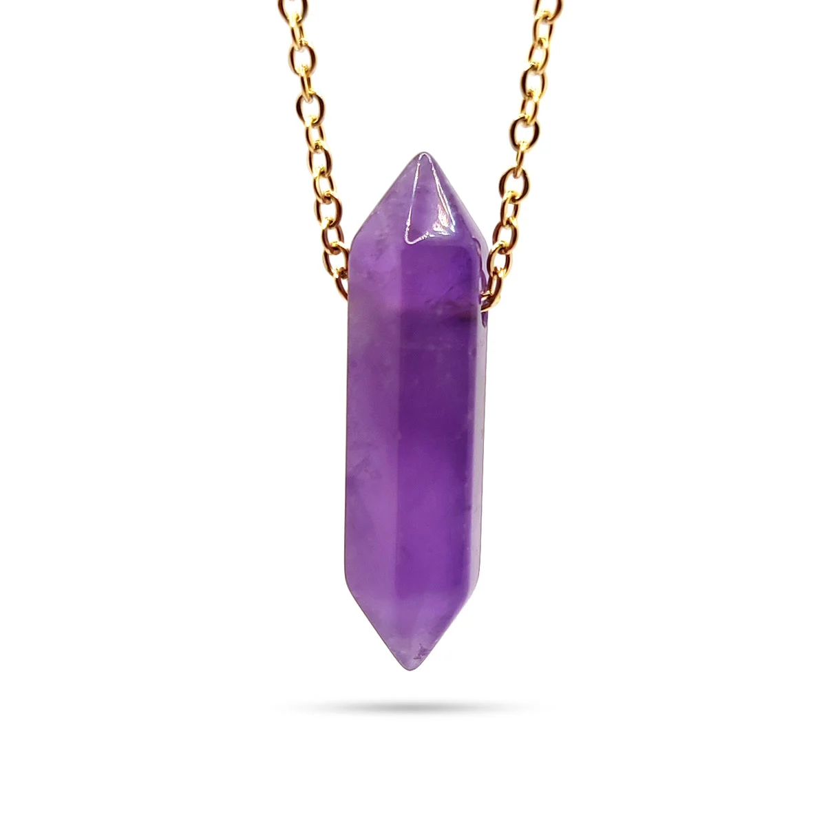 Collar Acero Dorado Péndulo Doble Punta Energía Amatista