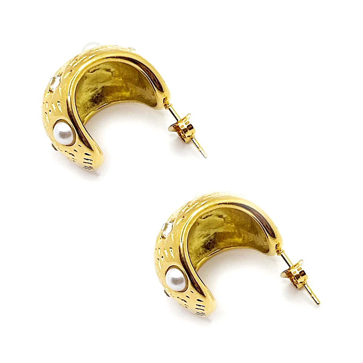 Aretes Acero Dorado Media Arracada Chunky Perla y Cristal