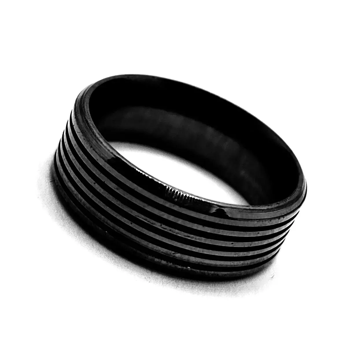 Anillo Acero Inox Negro Líneas Esmalte Negro Moderno