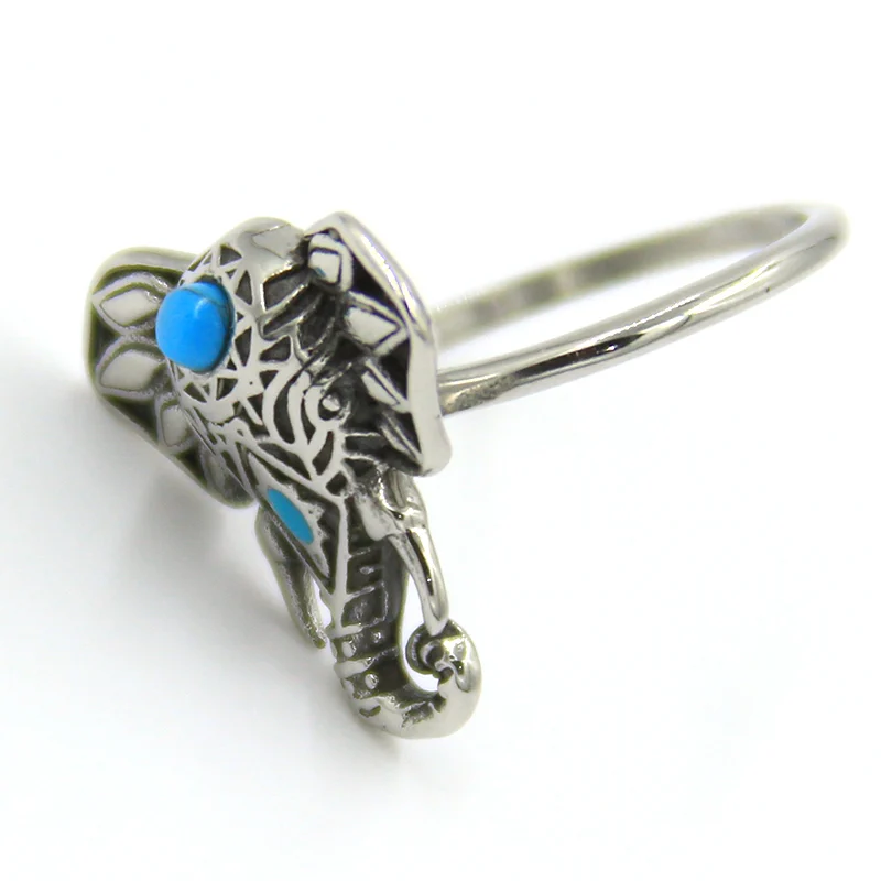Anillo Acero Plateado Turquesa Elefante Místico