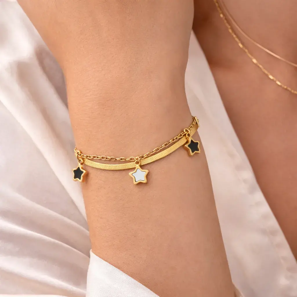 Pulsera Acero Dorado Doble Planchada Estrellas Colgantes