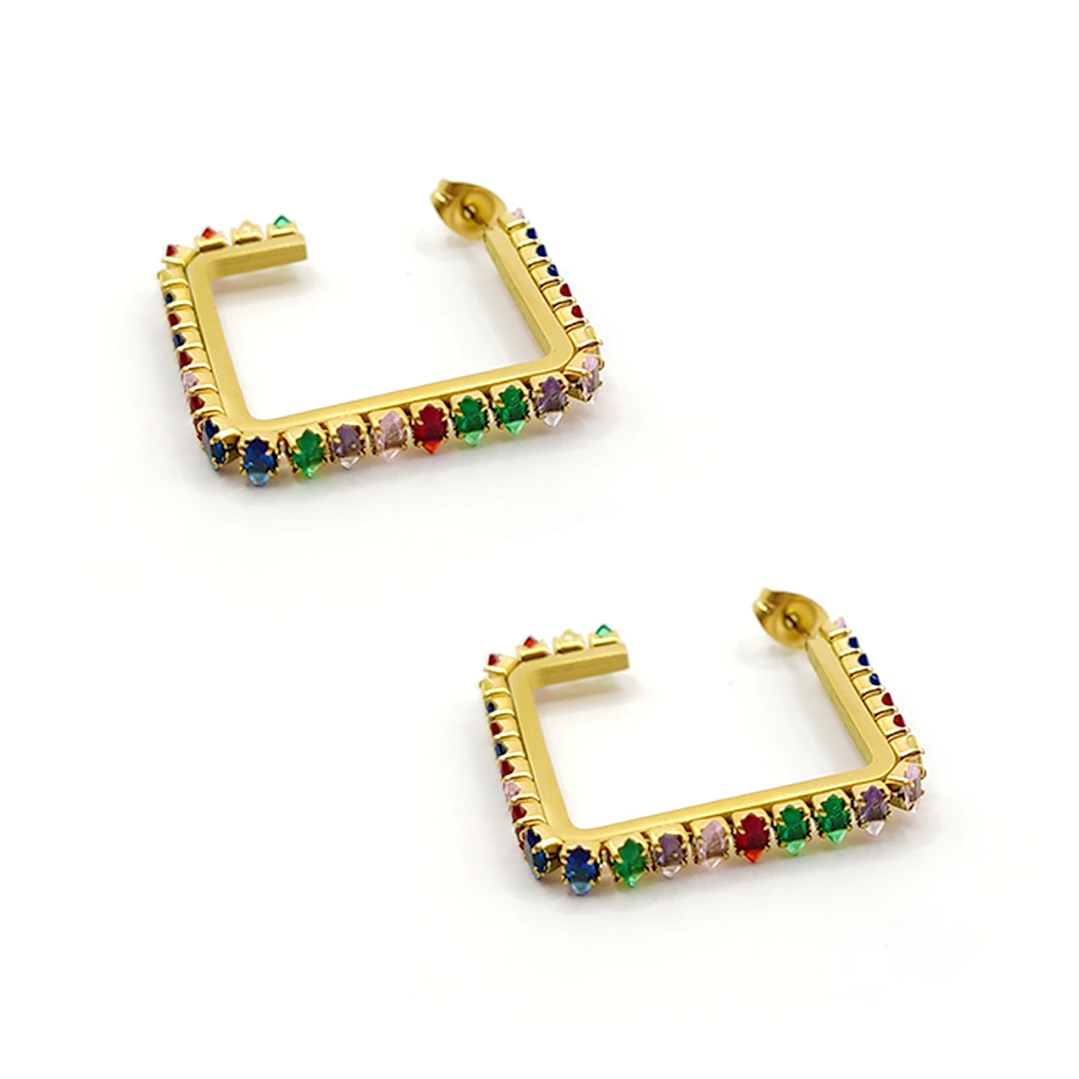 Aretes Acero Dorado Inox Cristales Multicolor Cuadradas