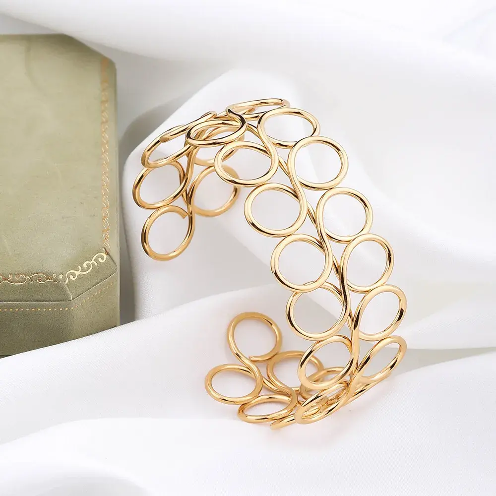 Pulsera Acero Dorado Brazalete Bucles Círculos Alambre