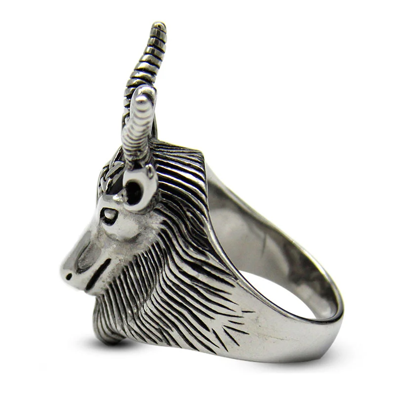 Anillo Acero Plata Cabeza Cabra Pentáculo Carnero Diablo