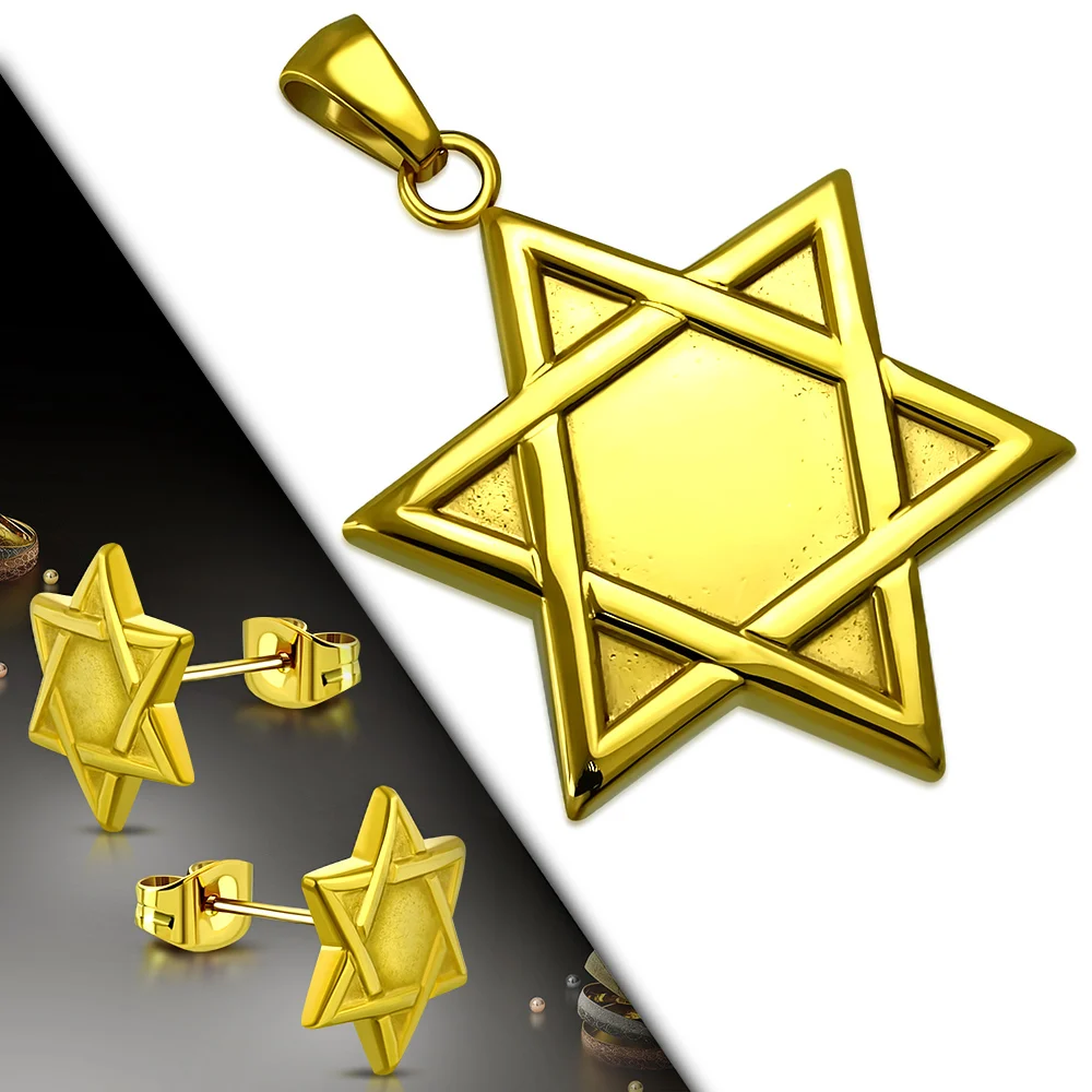 Set Joyería Acero Dorado Dije Aretes Estrella de David