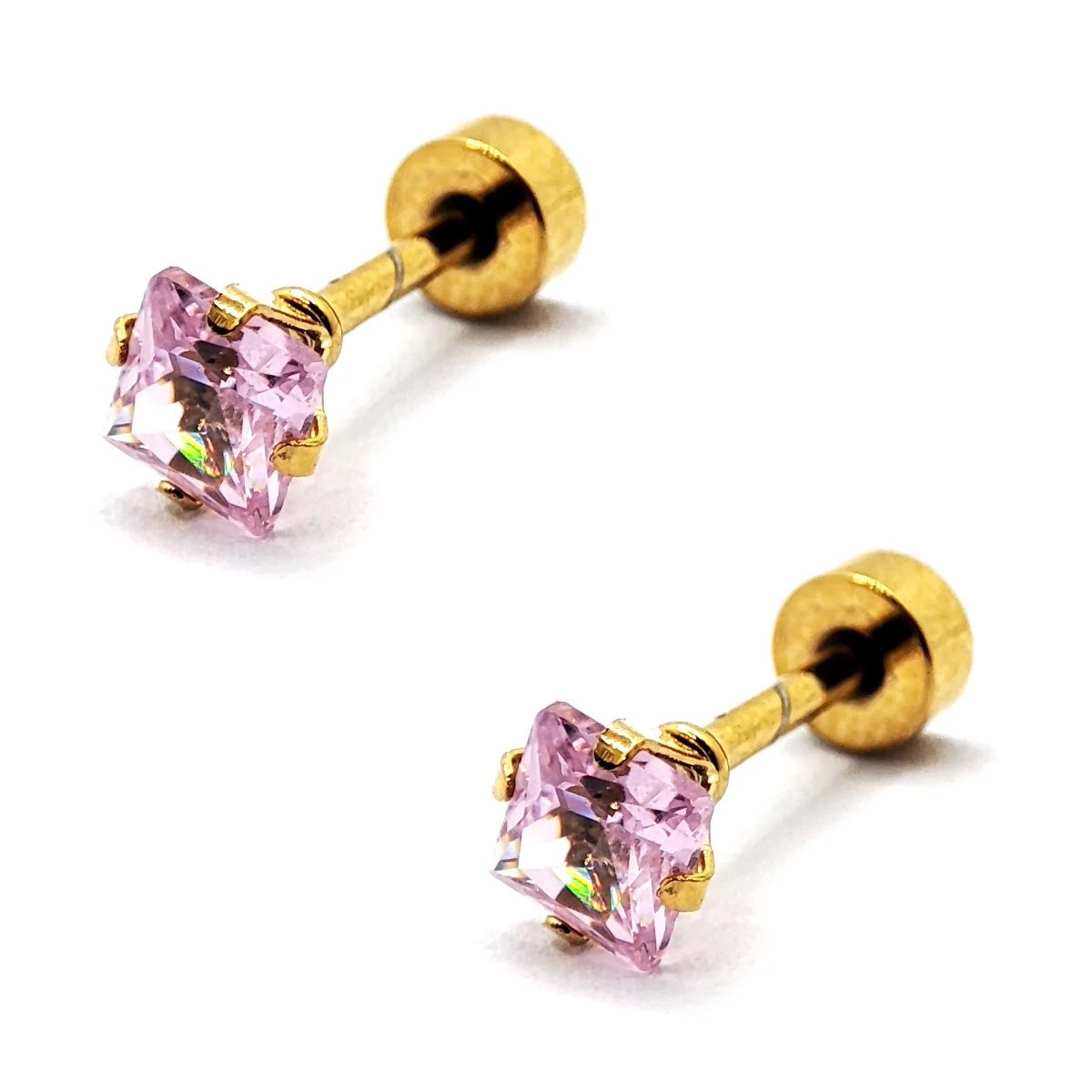 Aretes Acero Inox Dorado Tipo Broquel Cuadrado Rosa