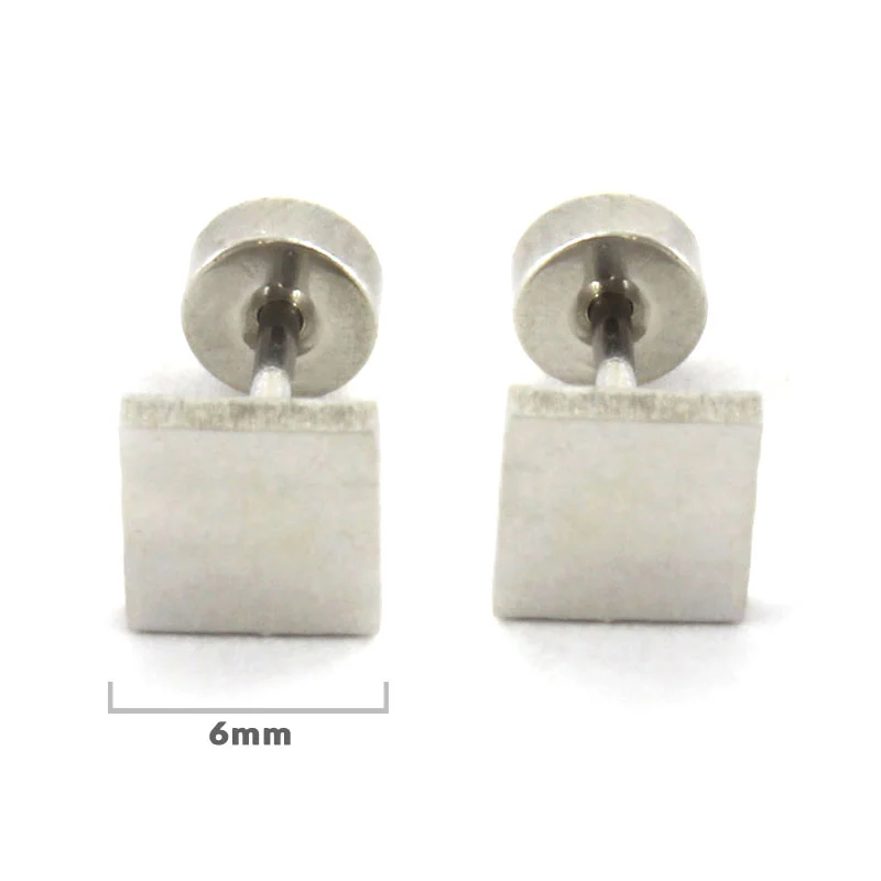 Aretes Tipo Broquel Dormilon Acero Plateado Cuadrado Liso