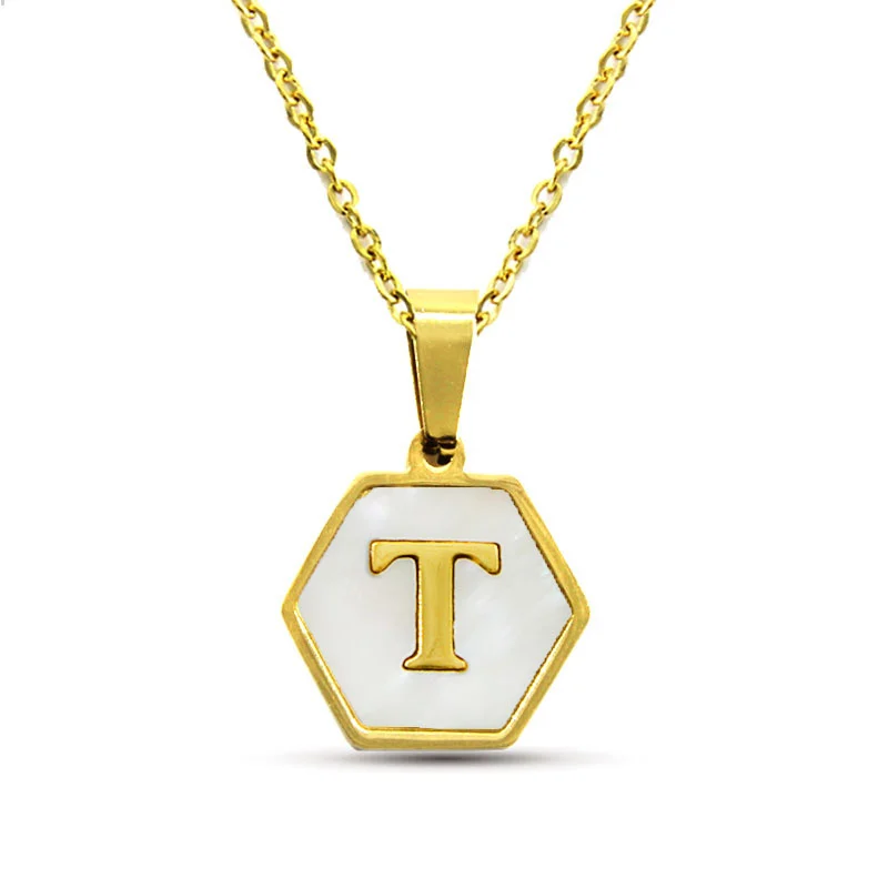 Collar Acero Inox Dorado Hexagonal Letra T Madre Perla