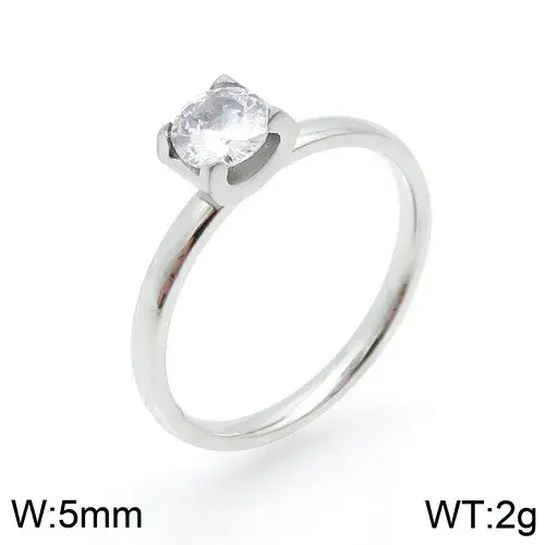 Anillo Acero Plateado Delgado Zirconia Solitaria Compromiso