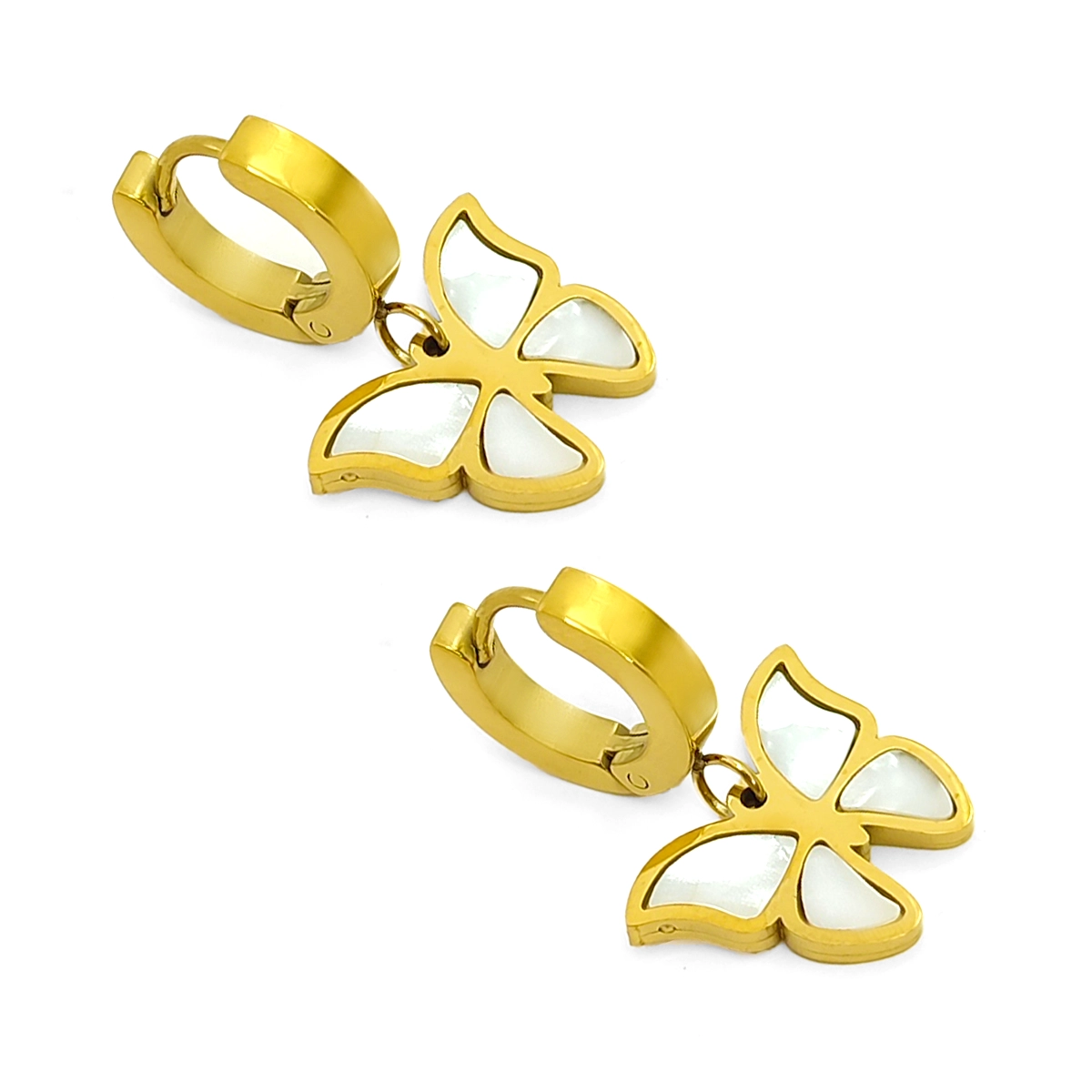 Aretes Acero Dorado Huggies Colgante Mariposa Madre Perla