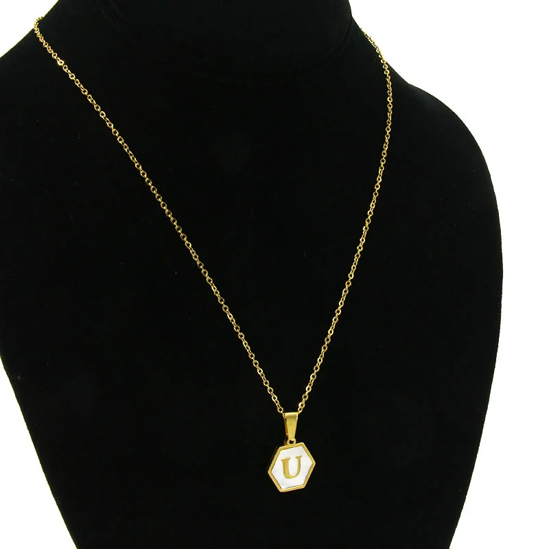 Collar Acero Inox Dorado Hexagonal Letra U Madre Perla