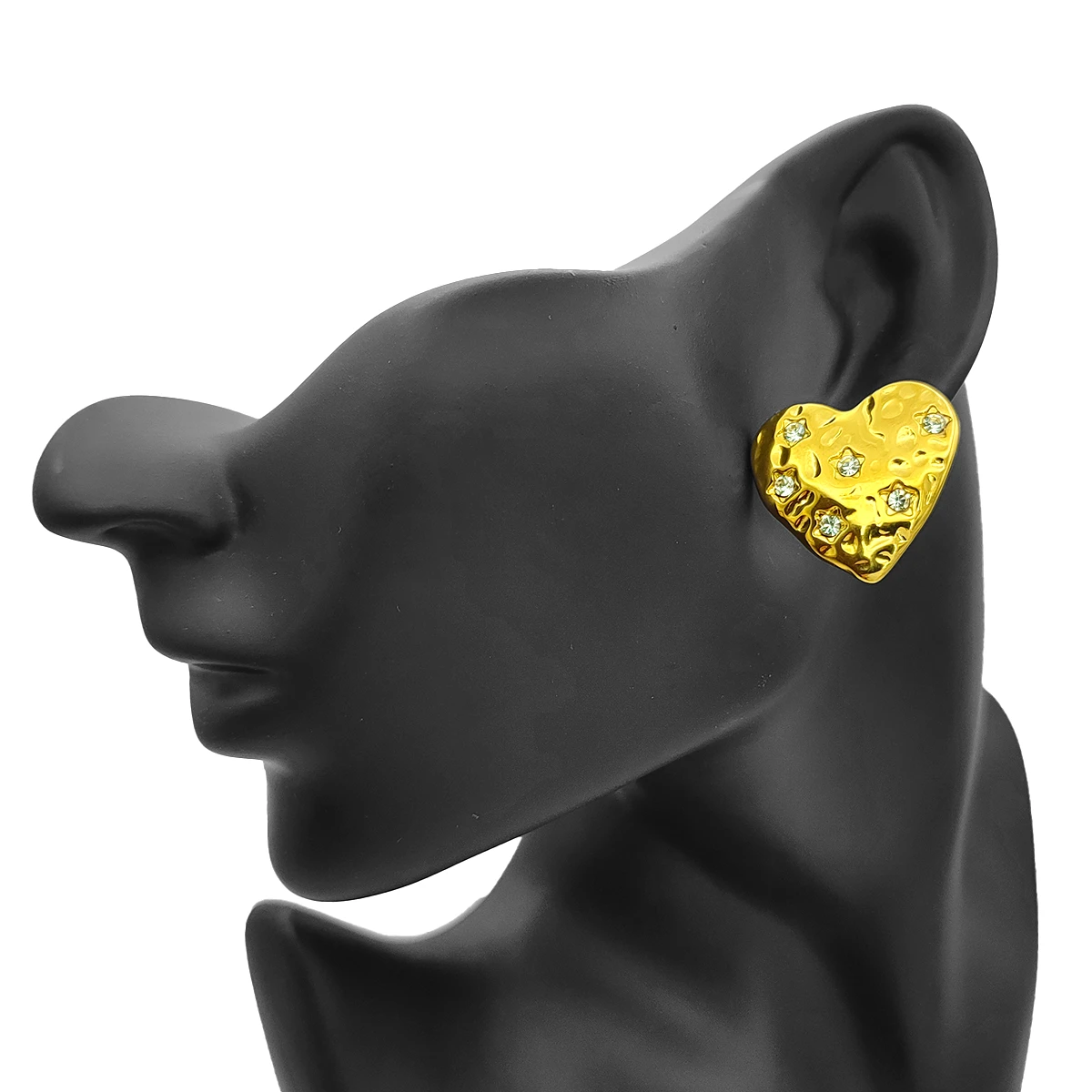Aretes Acero Inox Dorado Corazón Martillado Cristales