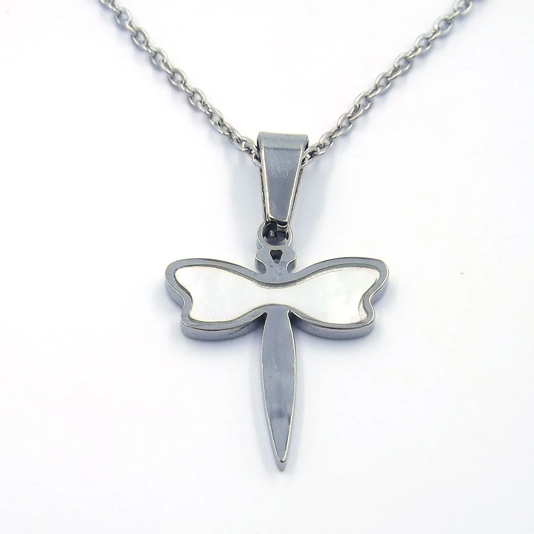 Collar Acero Plateado Libélula de Madre Perla