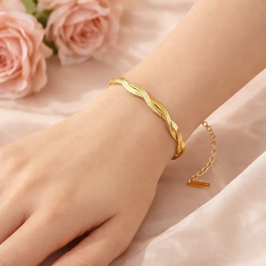 Pulsera Acero Dorado Panza de Vibora Doble Trenzada