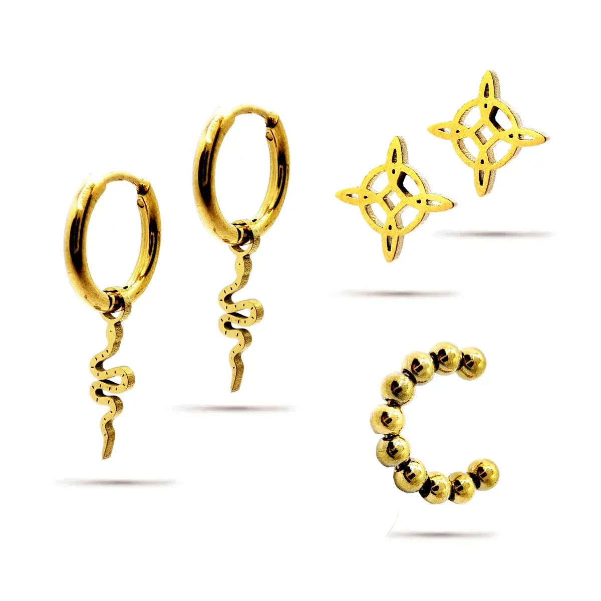 Set Aretes Acero Dorado Nudo de Bruja Serpiente Ear Cuff