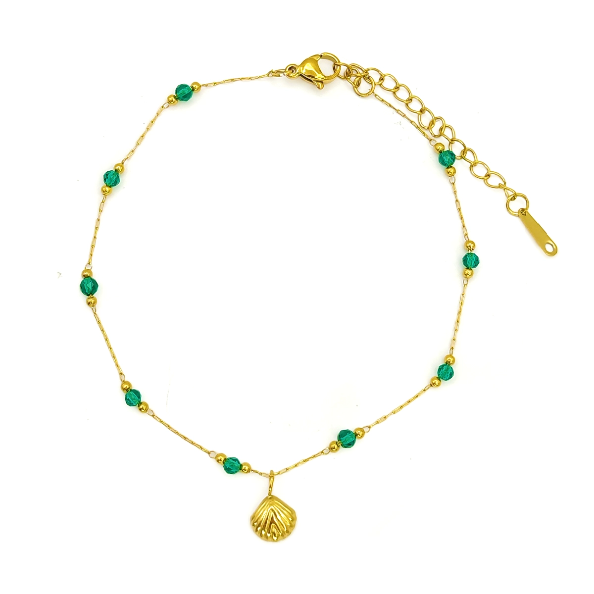 Tobillera Acero Dorado Cristal Cortado Verde Concha