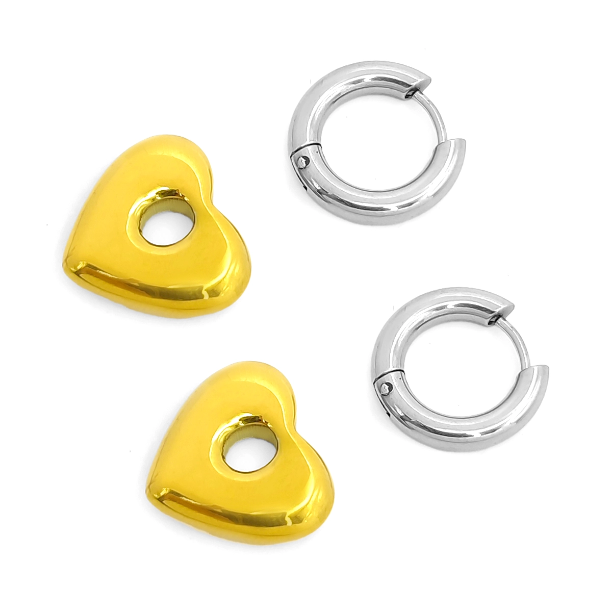 Aretes Acero Bicolor Huggies Chunky Colgante Corazon