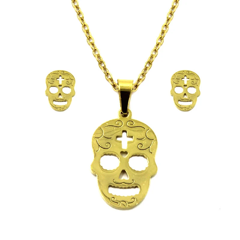 Set Joyeria Acero Inox Dorado Calavera Catrina Mexicana